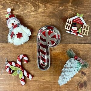 Bundle Of Assorted Christmas Ornaments And Godinger Candy Cane Dish Silver Red